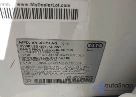 2017 Audi Q3 2.0T Premium from USA, damaged, VIN WA1JCCFS9HR012316